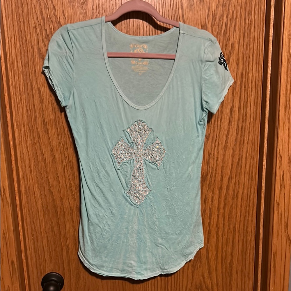 Velvet Stone Mint Green Fitted V-Neck Short Sleeve T-Shirt
